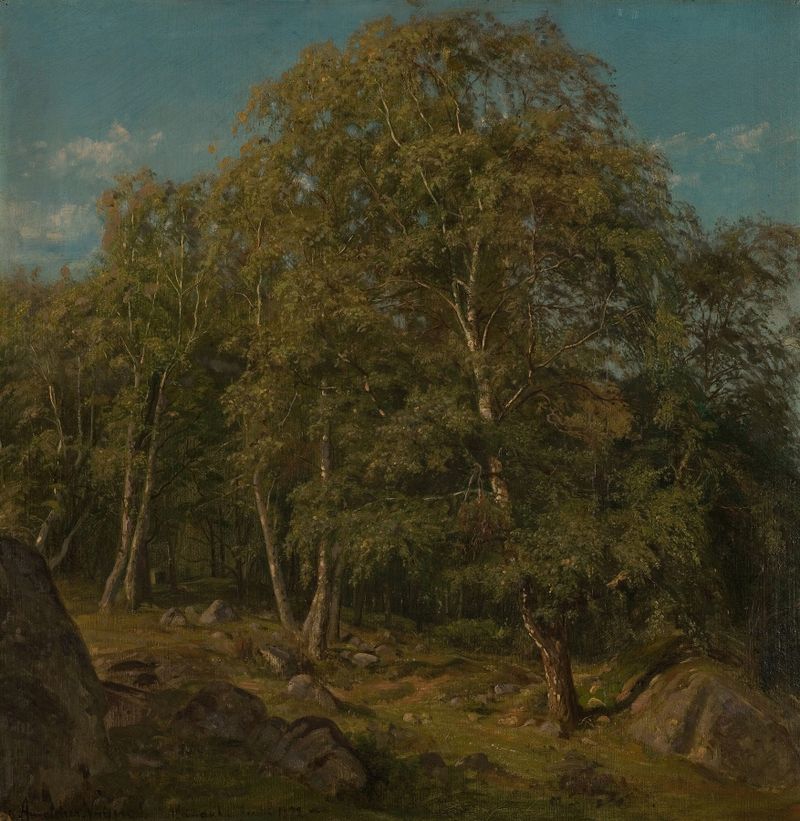 Pintura a óleo de Amaldus Nielsen mostrando um reflexo de rio e floresta