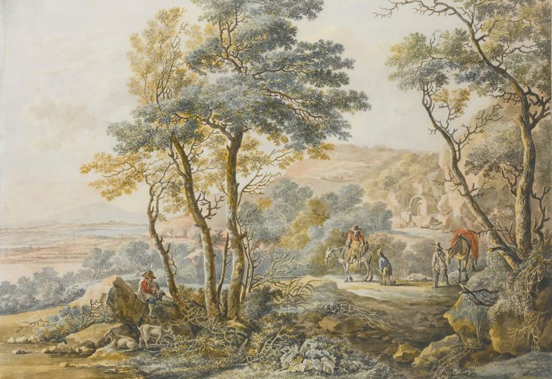 Paisaje italianizante con viajeros, pintura al óleo de Vincent Jansz. van der Vinne