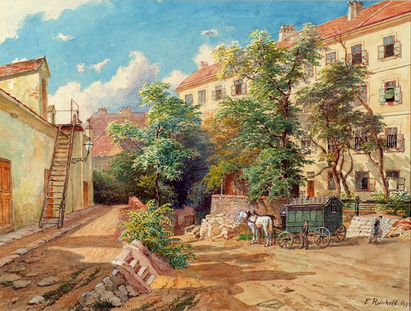 Courtyard scene in Vienna by Franz Reinhold, oil on canvas
