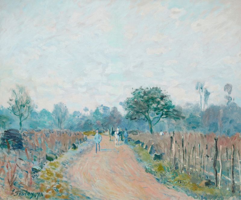 Paisaje con un camino serpenteante y árboles, pintura al óleo de Alfred Sisley