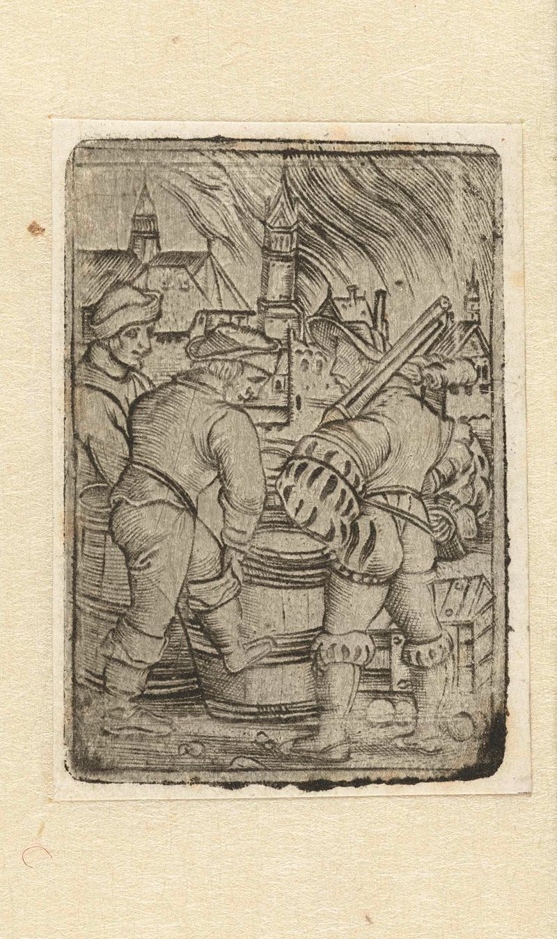 Gravura de Unknown Artist mostrando figuras vigilantes em uma cena histórica