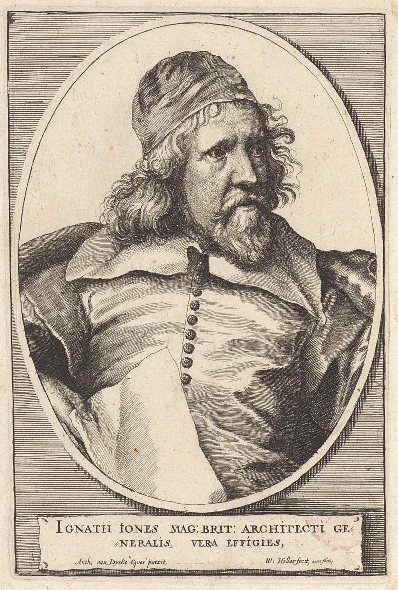 Gravura de Wenceslaus Hollar de Inigo Jones em traje elegante com um olhar solene.