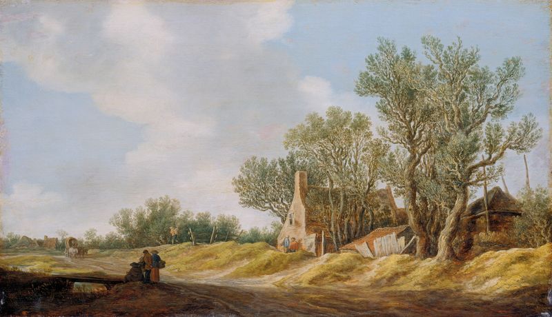 Cena de rua da aldeia com pessoas descansando perto de um rio, óleo sobre tela de Jan van Goyen