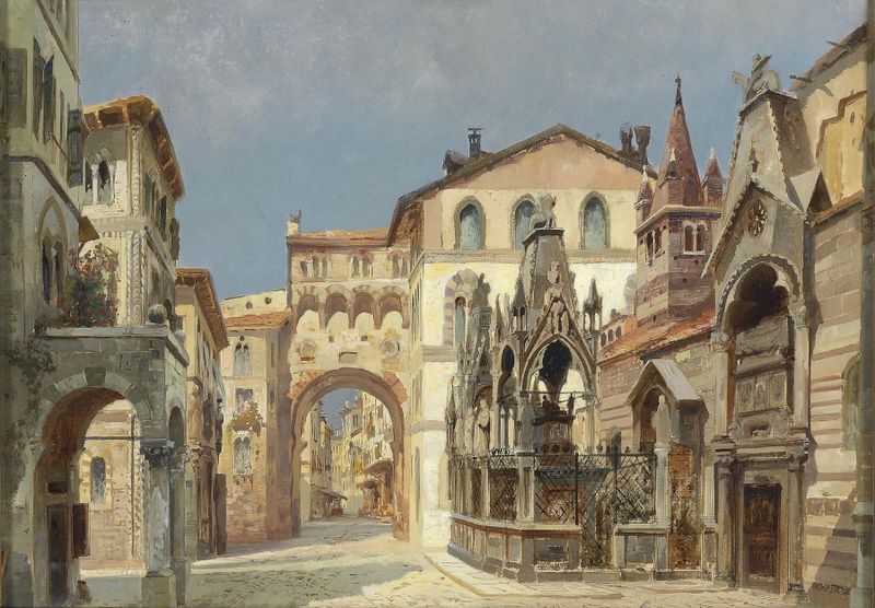 Óleo sobre tela de Anton Brioschi retratando lápides em Verona