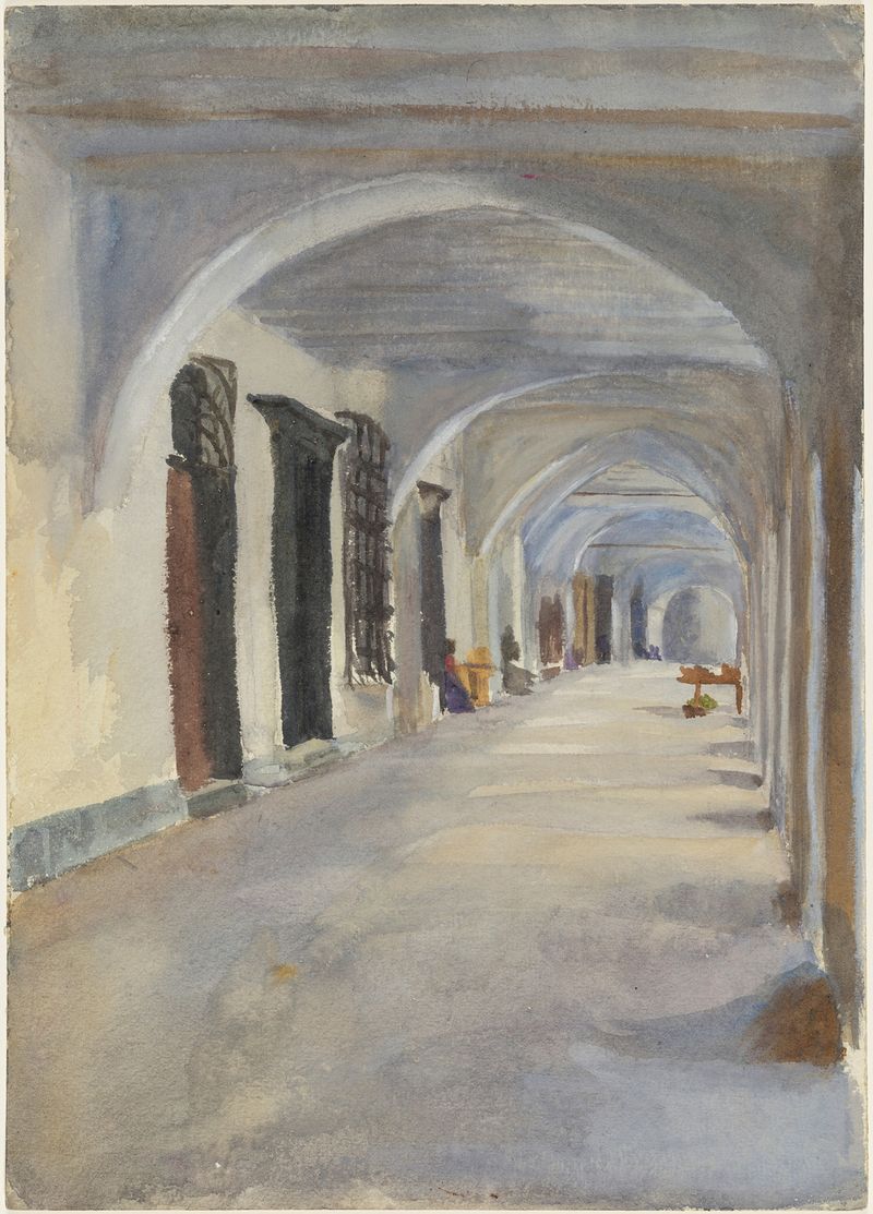 Interior scene of A Loggia by Emily Sargent, oil painting featuring light and figures in repose.