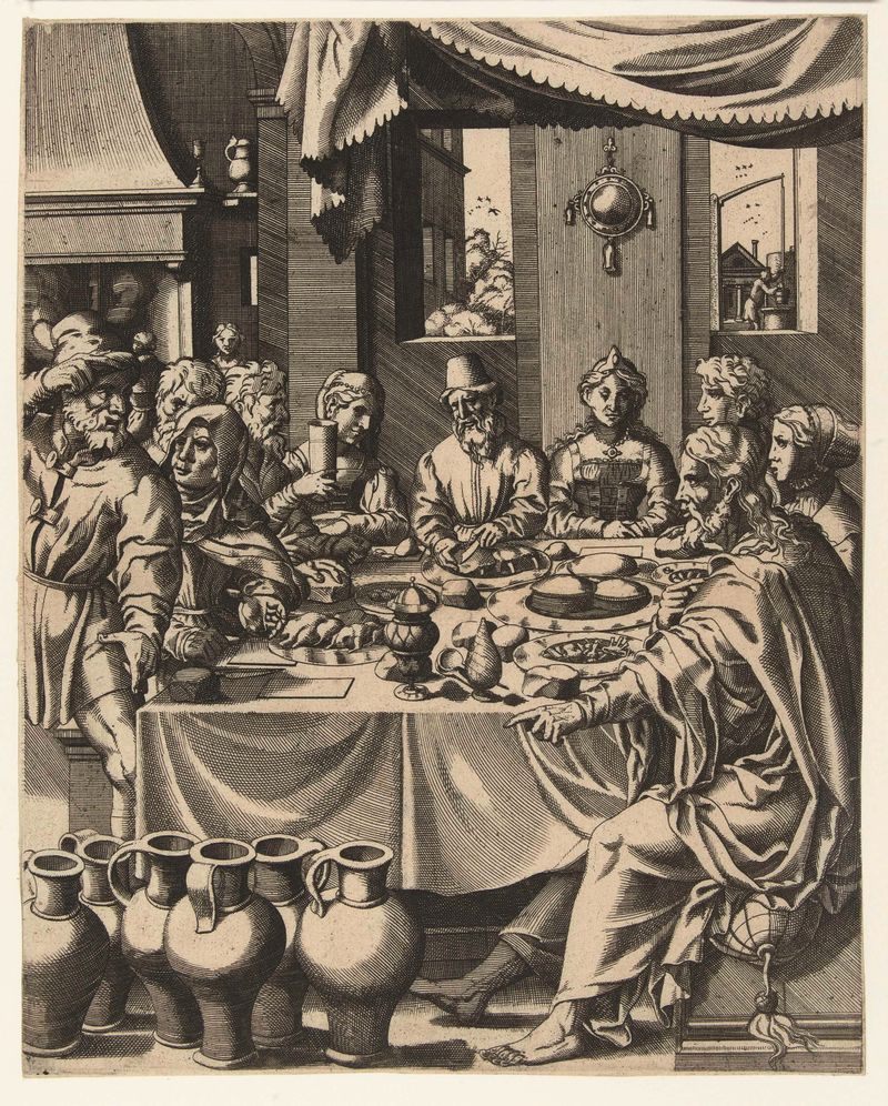 Cena de celebração de casamento por Hans Liefrinck, gravura
