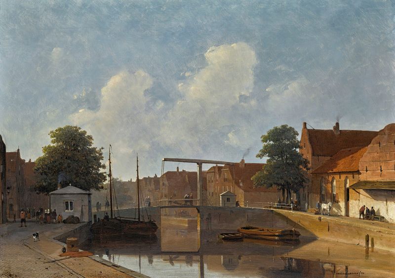 Dutch canal landscape by Jan Weissenbruch, oil painting with reflections in the water.