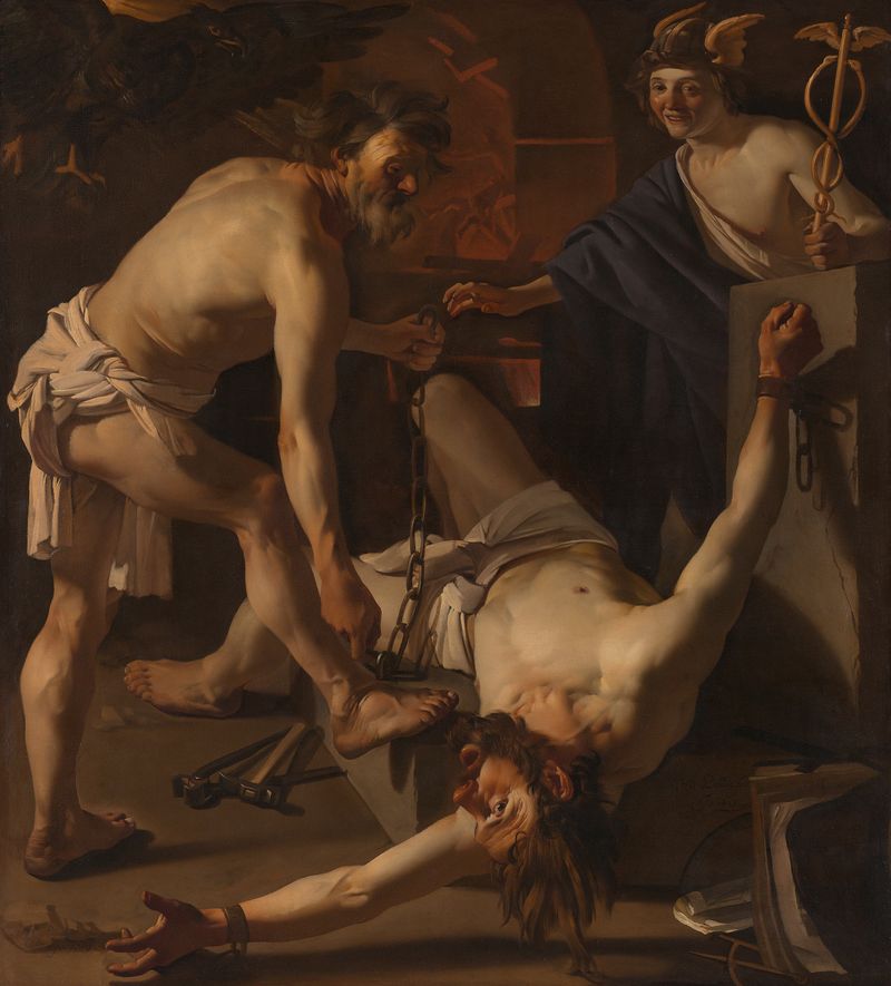 Prometeo encadenado por Vulcano, óleo sobre lienzo de Dirck van Baburen