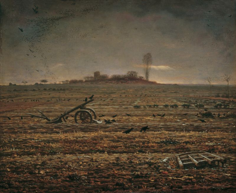 Landscape depicting agricultural labor with plow, by Jean-François Millet, oil painting.