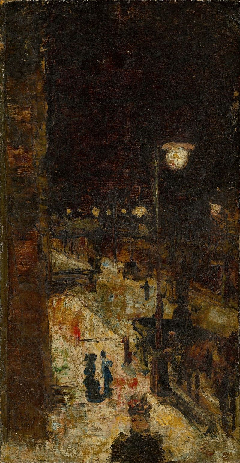 Escena de género que representa una calle nocturna con faroles de gas por Lesser Ury, pintura al óleo