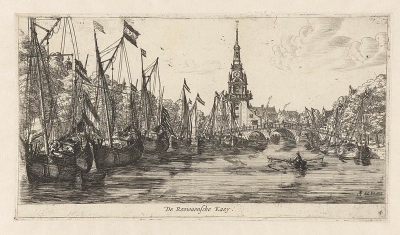 Rouaanse kaai de Reinier Nooms, grabado que muestra barcos en el agua al atardecer