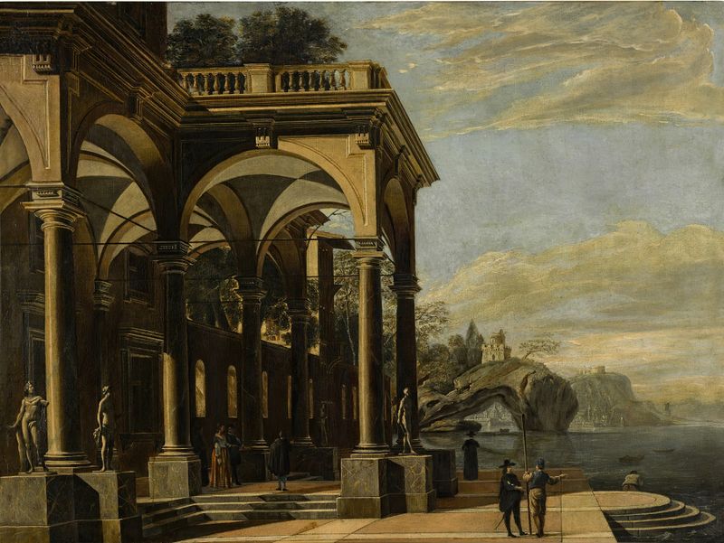 Oil on canvas by Viviano Codazzi depicting a colonnaded portico and coastal village.