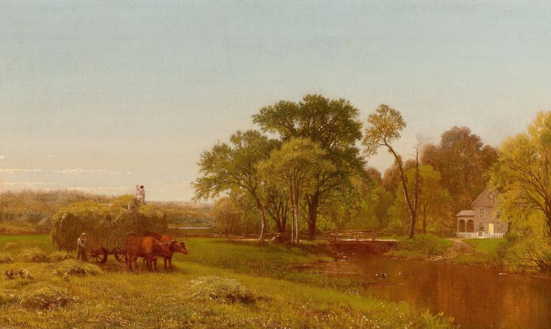 The Hay Wain by Aaron Draper Shattuck, oil painting depicting a cart by a stream