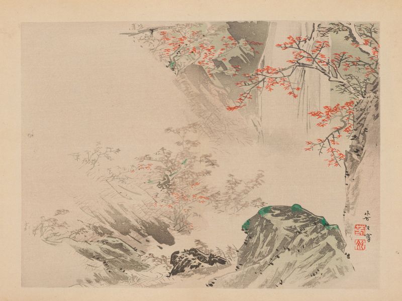 Ukiyo-e en papel de tinta de un artista desconocido que representa flores suaves y figuras serenas.