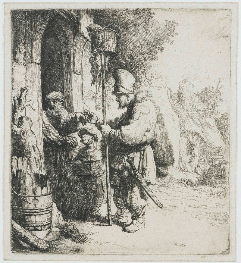 Gravura de Rembrandt van Rijn mostrando um caçador de ratos segurando um rato morto.
