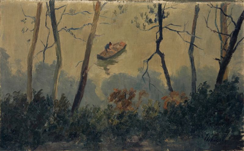 Paisagem com árvores e água de Ernst Schiess, meio desconhecido