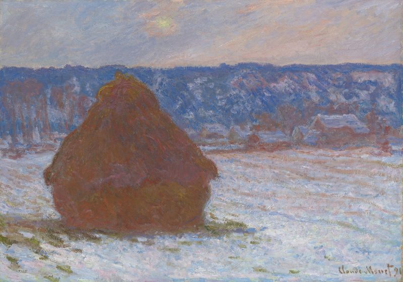 Stack of Wheat (Snow Effect, Overcast Day) by Claude Monet, oil painting of wheat covered in snow.