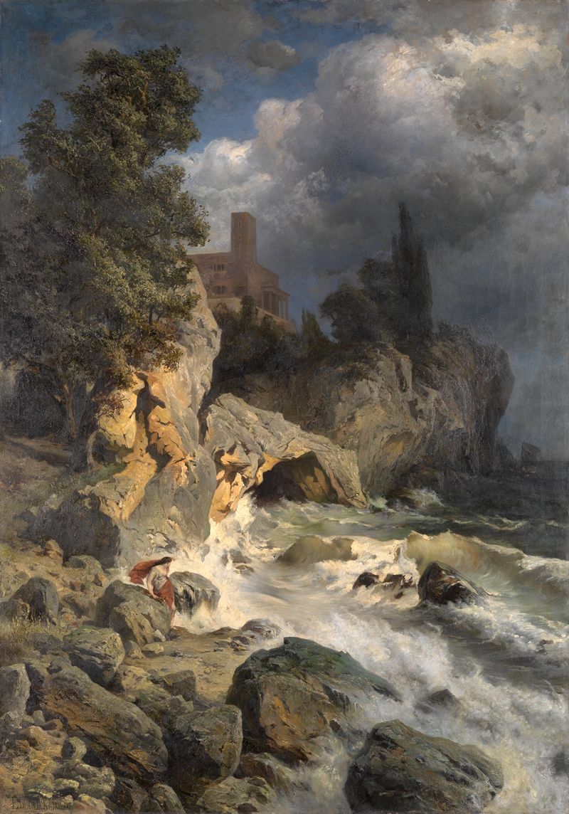 Landscape with a figure on a rocky edge, oil painting by Edmund Kanoldt