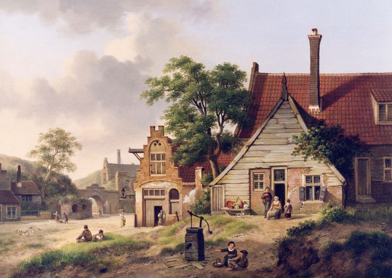 A Dutch Village Scene with Figures, oil painting by Jan Hendrik Verheijen