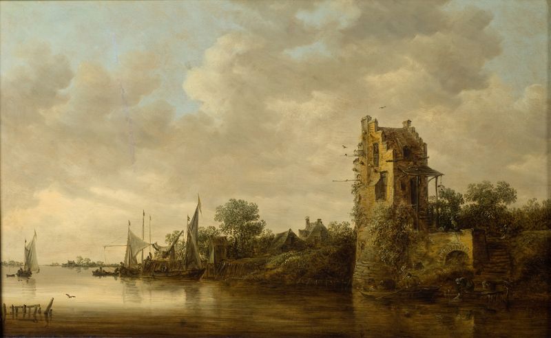 Riverside with an Old Tower by Jan van Goyen, oil painting depicting a serene river landscape.