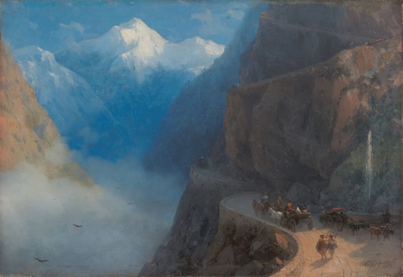 Paisaje con montañas y río al atardecer, óleo de Ivan Konstantinovich Aivazovsky