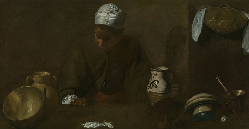 Kitchen Scene by Diego Velázquez, oil on canvas depicting figures in a warm kitchen setting
