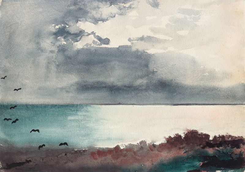 Breaking Storm, Coast of Maine by Winslow Homer, oil painting depicting tumultuous sea and dark clouds.