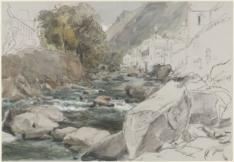 Pintura al óleo de paisaje de James Holland que muestra acantilados y un río bajo un cielo azul