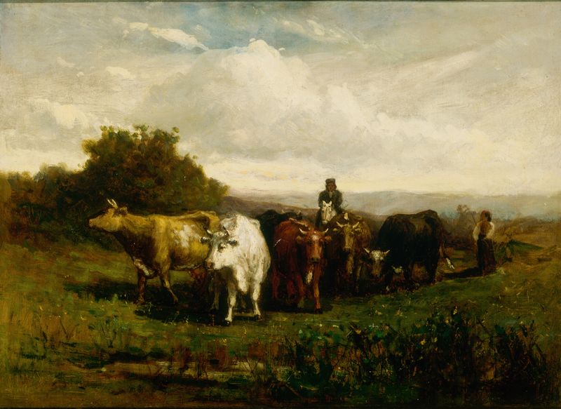 Untitled de Edward Mitchell Bannister, pintura al óleo de un hombre a caballo y una mujer conduciendo ganado al atardecer