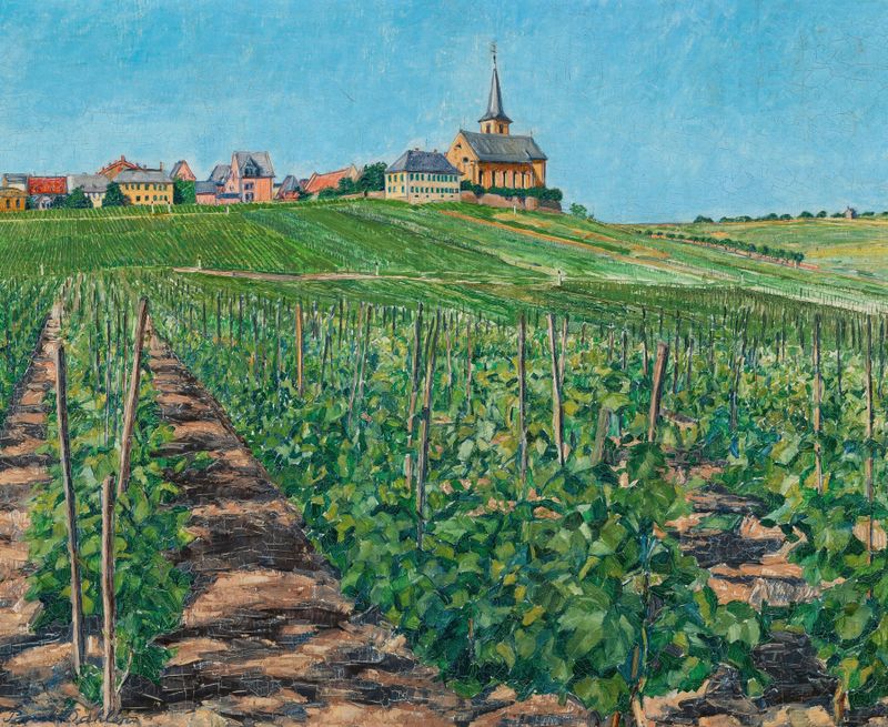 Paisaje de un pueblo vinícola francés por Paul Dahlen, pintura al óleo