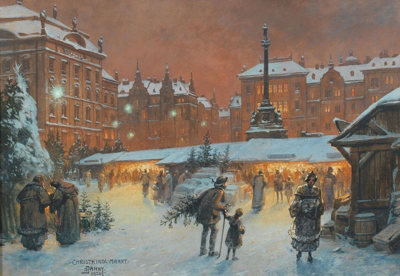 Genre scene of Christkindlmarkt, oil on canvas by Georg Janny