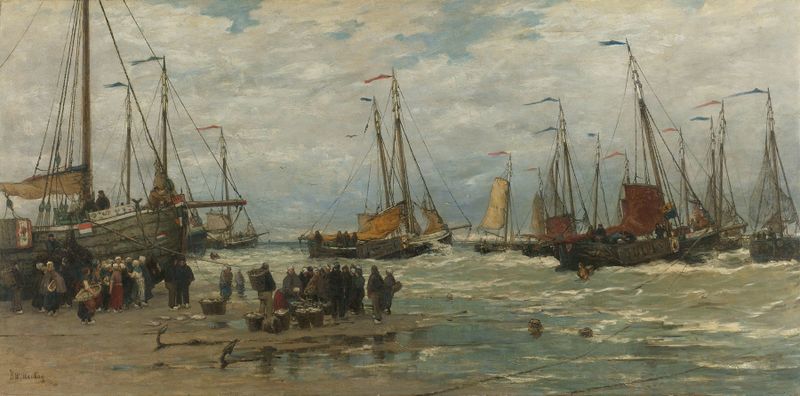 Cena marinha com ondas e barcos de pesca de Hendrik Willem Mesdag, pintura a óleo