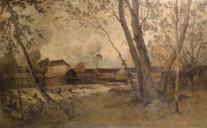 Paisaje con un molino al atardecer de Paul Lecomte, pintura al óleo
