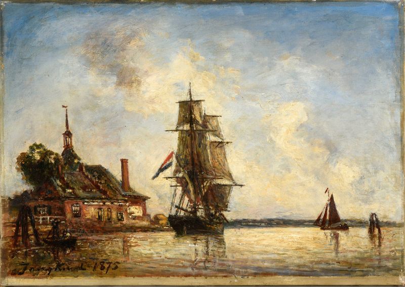 Canal en Hollande, óleo sobre lienzo de Johan Barthold Jongkind, que representa un canal tranquilo al amanecer.