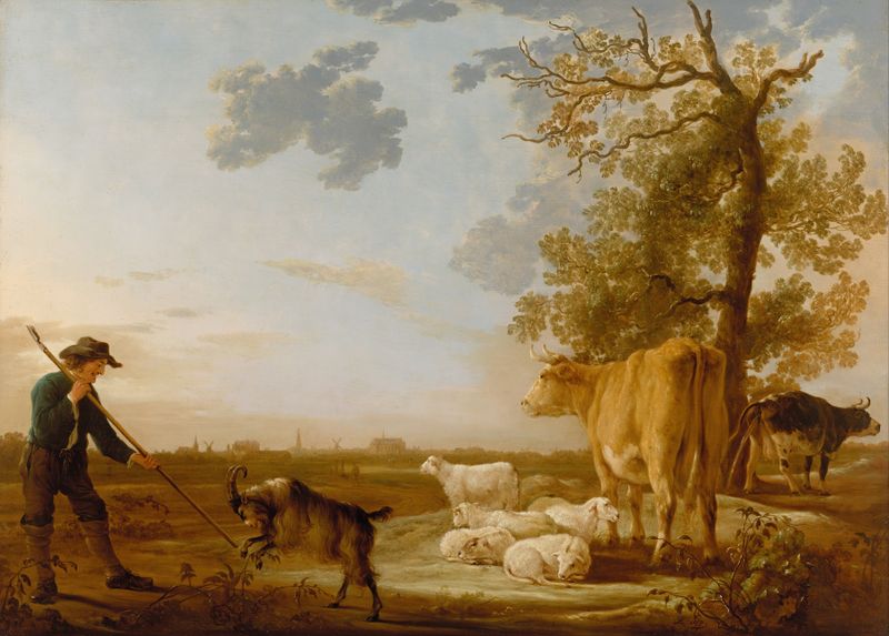 Landscape with cattle de Aelbert Cuyp, pintura a óleo que retrata campos serenos e gado