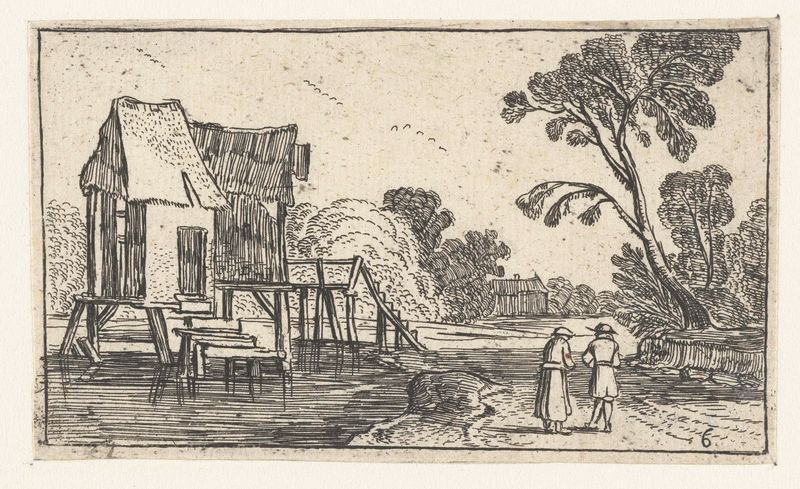Gravura de Unknown Artist com um rio e edifícios sobre estacas