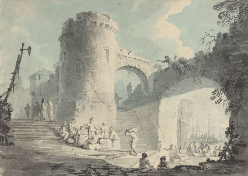Port Scene, óleo sobre lienzo de Follower of Claude-Joseph Vernet, que muestra barcos al amanecer.