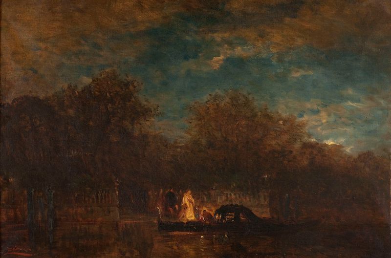 Paisagem ao crepúsculo com folhagem de jardim de Félix Ziem, pintura a óleo
