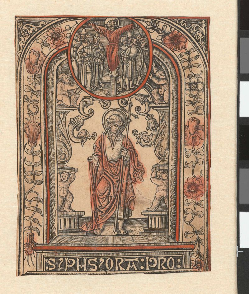 Engraving of St. Philip's martyrdom by Allaert Claesz, featuring intricate robes and soft light.