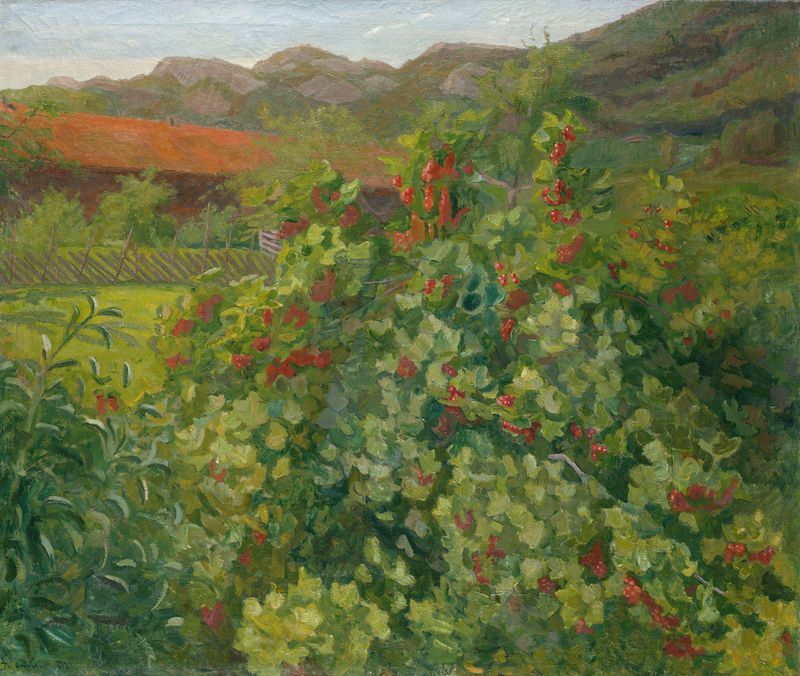 Oil painting of a currant bush with deep emerald leaves by Thorvald Erichsen