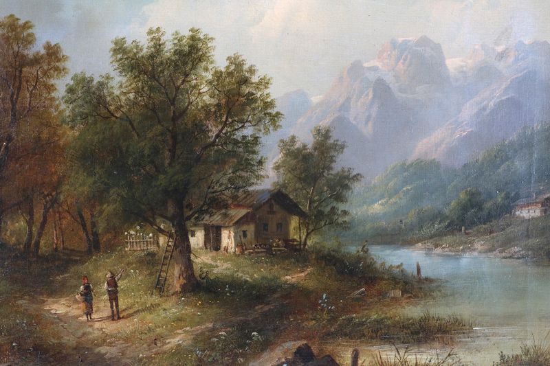 Landschaft in de Steiermark II de Eduard Boehm, óleo sobre tela representando uma paisagem colorida com colinas.
