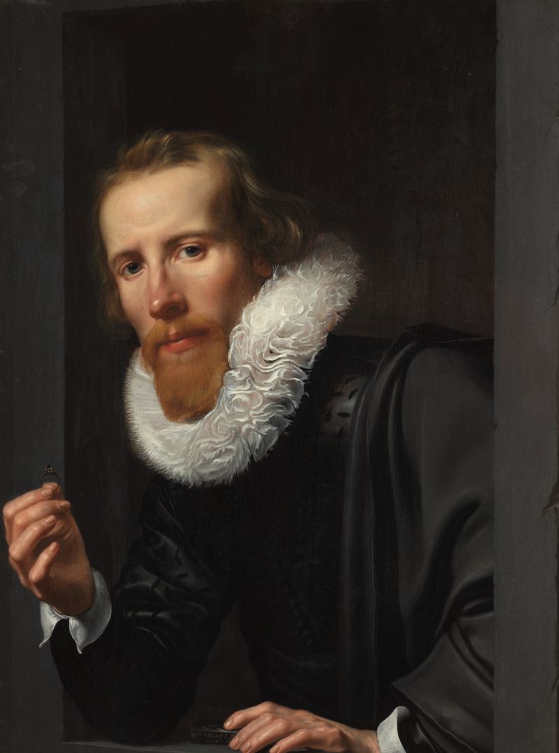 Retrato de un orfebre sosteniendo un anillo, óleo sobre panel de Werner van den Valckert