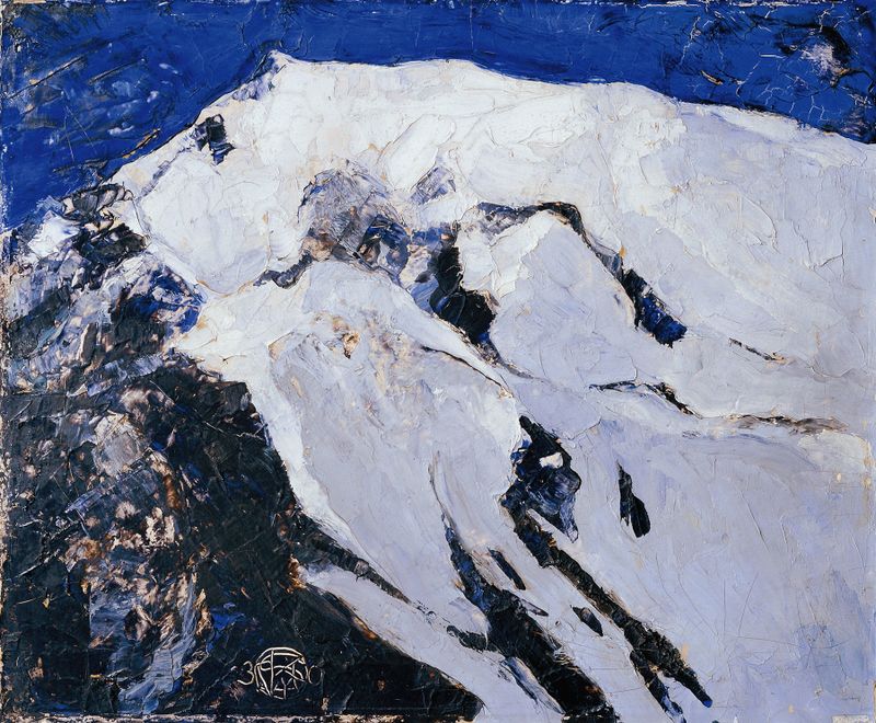 Paisagem de Der Ortler, pintura a óleo de Franz Secky, apresentando majestosas montanhas ao amanhecer.
