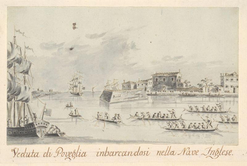Óleo sobre tela de Giacomo Guardi retratando oficiais navais britânicos em um mar tranquilo.