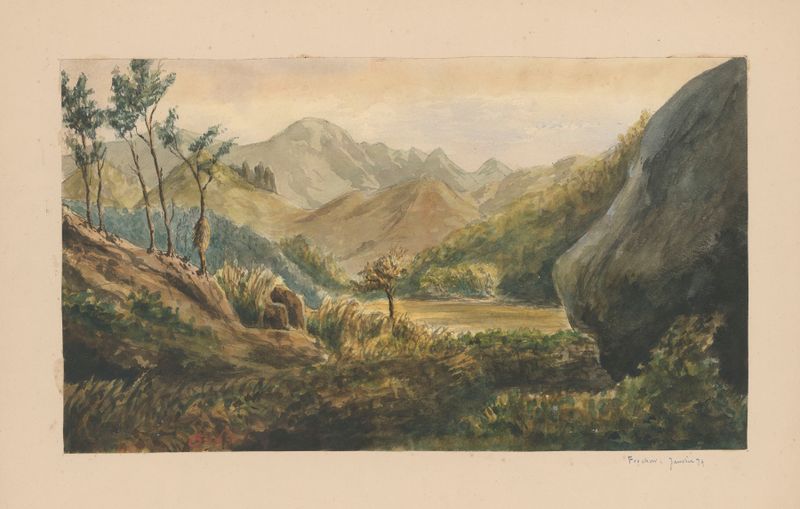 Acuarela de Auguste Mouillesaux de Bernières que muestra un paisaje sereno