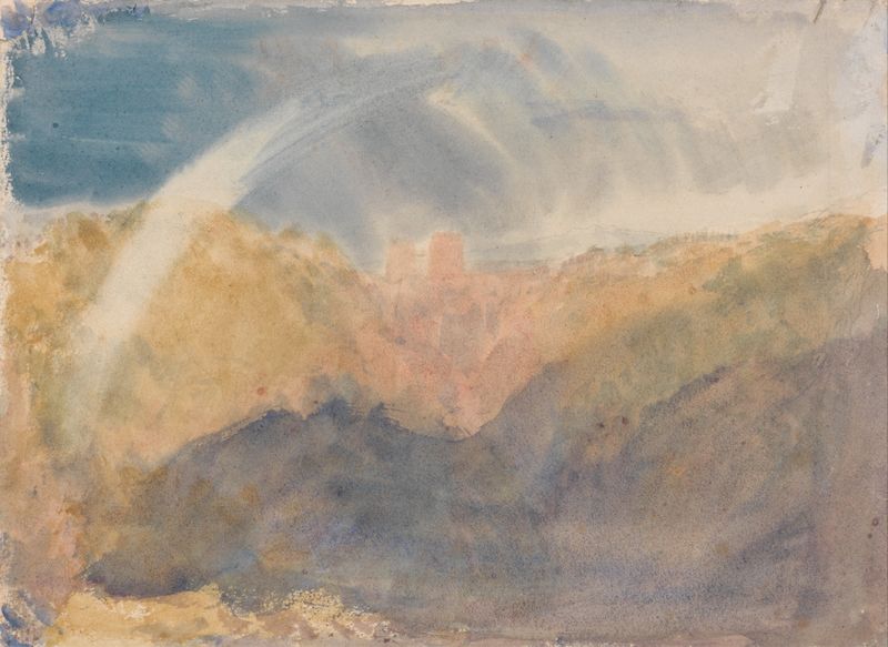 Paisaje montañoso con un arcoíris y castillo de Joseph Mallord William Turner, pintura al óleo