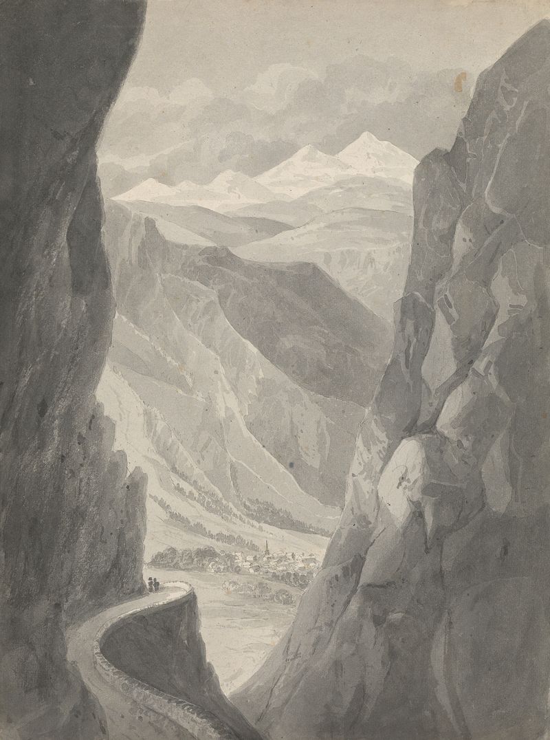 Paisaje que muestra un camino serpenteante en las montañas de Isaac Weld, 1817