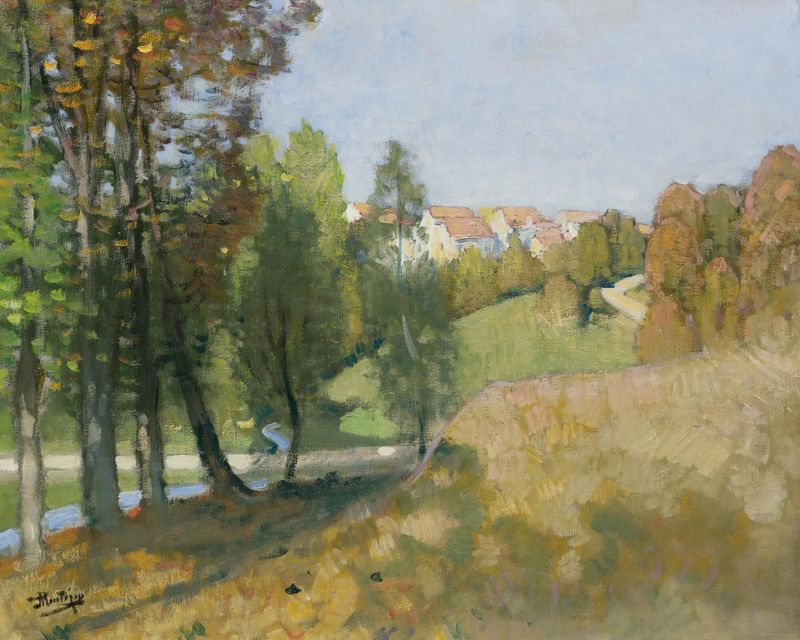 Paisagem em luz quente de outono por Pierre-Eugène Montézin, pintura a óleo
