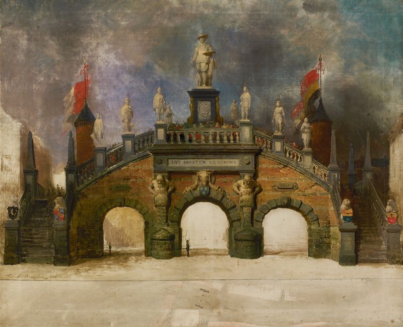 Olieverfschets van de Triomfboog voor de Rubensfeesten by Ferdinand de Braekeleer, oil painting depicting a triumphal arch.