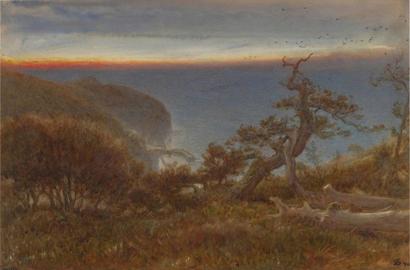 Clovelly by Albert Goodwin, watercolor on paper depicting a cliff and tranquil sea.